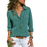 Autumn Woman Pocket Office Blouse Plus Size Lapel Long Sleeve Slim Buttons Shirt Ladies Black Pink Femininas Tops S-5XL